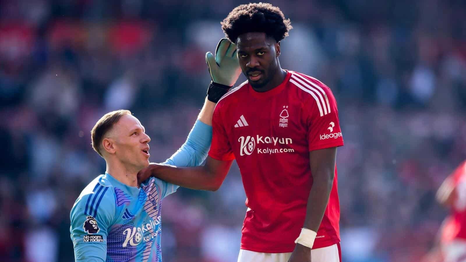 Nottingham Forest goalkeeper Matz Sels and Ola Aina
