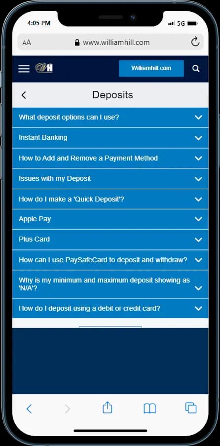 Choose one of the offered William Hill deposit methods and bet at William Hill