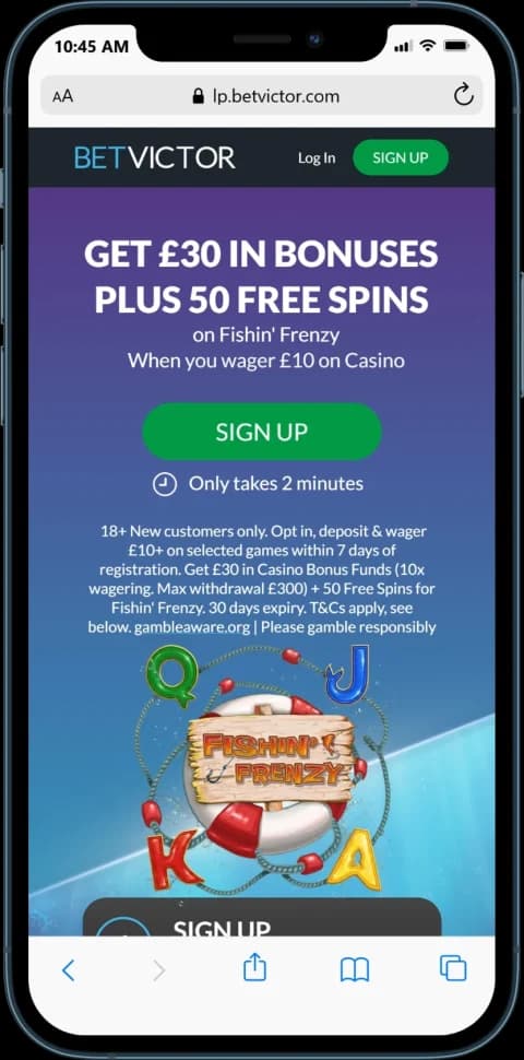 BetVictor Casino Bonus Offer - Get £30 in Casino Bonus Funds + 50 Free Spins on Fishin’ Frenzy when you wager £10