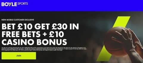 BOYLE Sports NBA Offer - Bet £10 Get £30 in free bets + £10 Casino Bonus & 20+ EARLY PAYOUT - WHEN YOUR BASKETBALL TEAM GOES 20 POINTS AHEAD, WE PAY OUT!