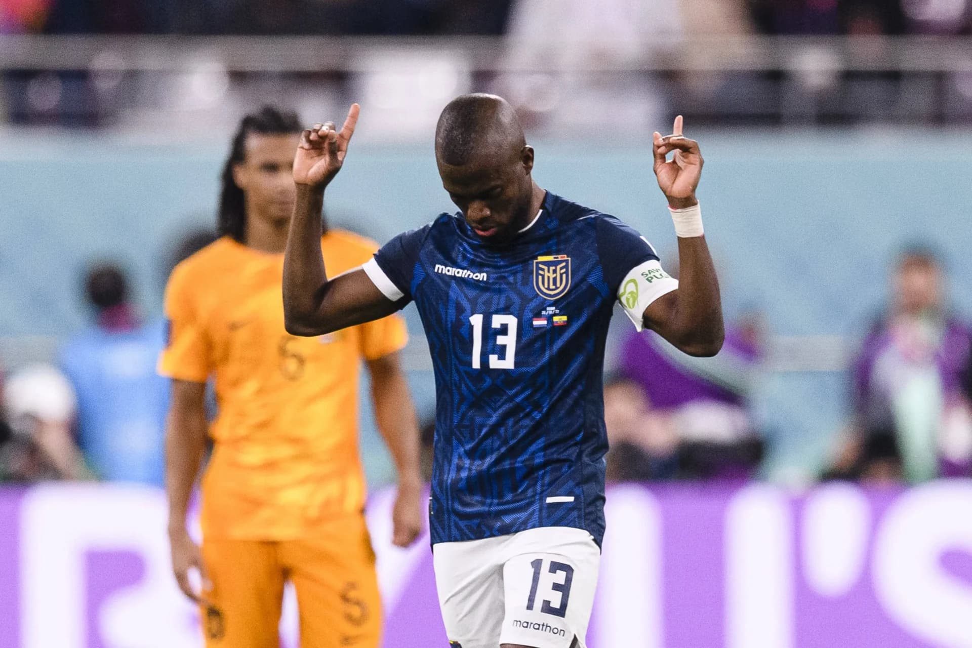 Doha, Qatar, Nov 25th 2022: Enner Valencia of Ecuador celebrates after scoring a goal for Ecuador (1-1) during the match between Netherlands vs Ecuador