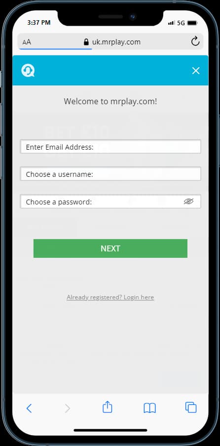 Sign up at mr.play by entering your email address, username and a password